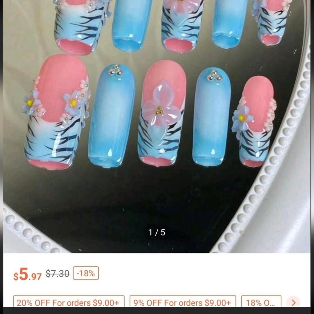 Blue and Pink Floral Press-On Nails